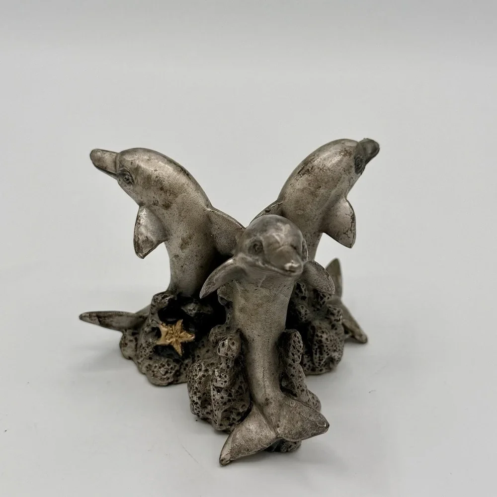 Vintage Three Dolphins Solid Pewter Stand Statue Figurine Paper Weight 1994